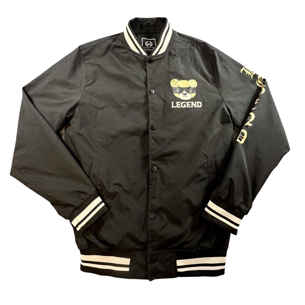 CRZL Black Satin Bomber Jacket Teddy Bear Legend Graphic Varsity Mens S